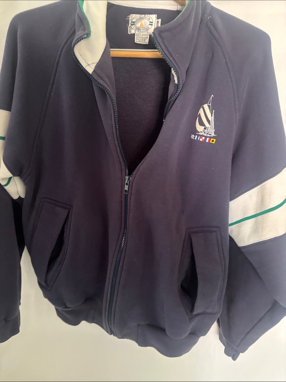 Nautica Navy Bomber Jacket with Cream Panels and Green Trim. Vintage full zipper